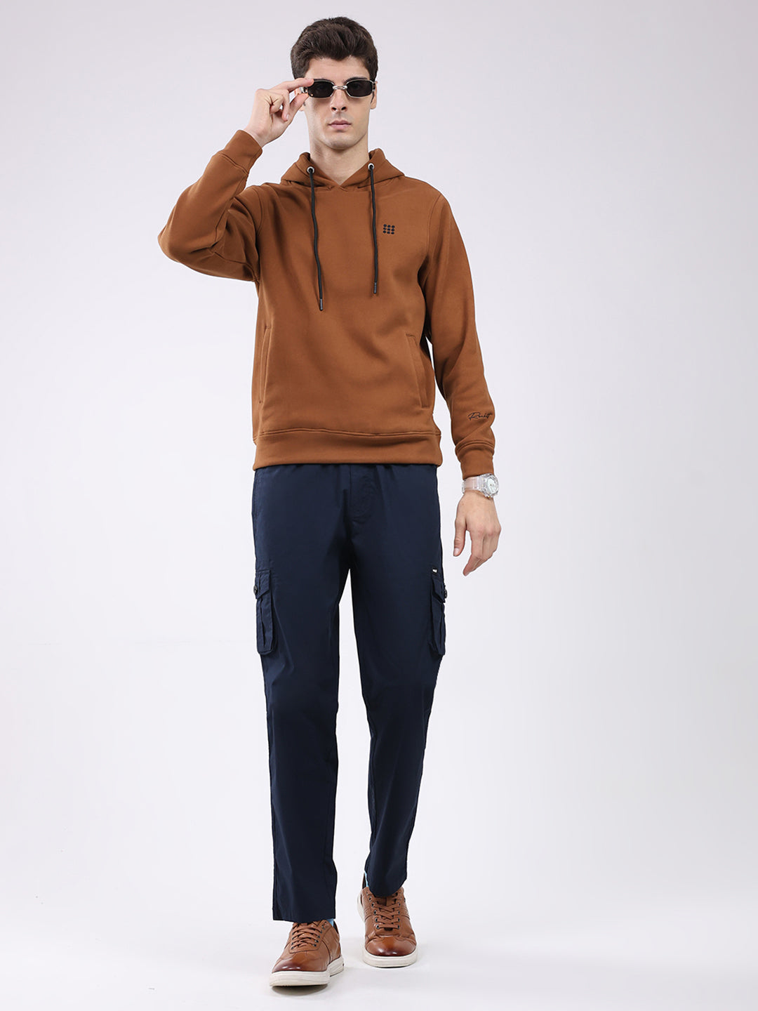 Rock.it Men Tan Solid Hooded Full Sleeve Sweatshirt