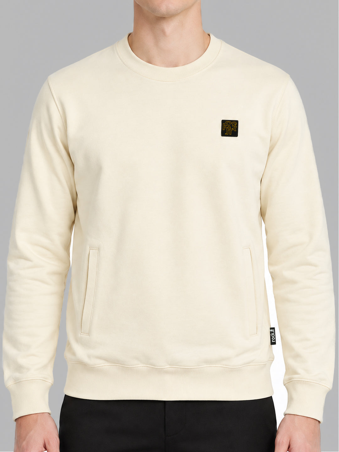 Rock.it Men Cream Solid Round Neck Full Sleeve Sweatshirt