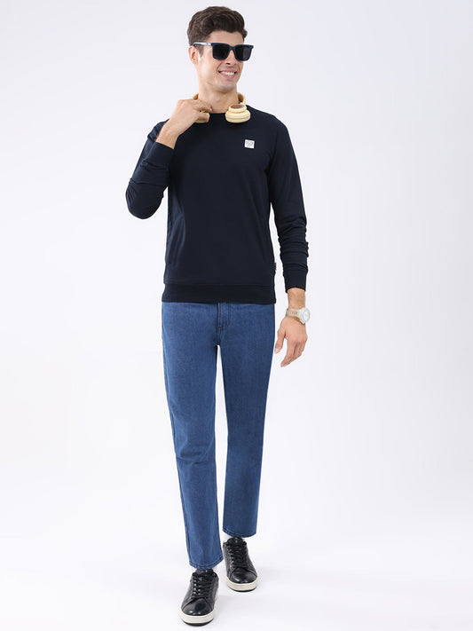 Rock.it Men Navy Blue Solid Round Neck Full Sleeve Sweatshirt