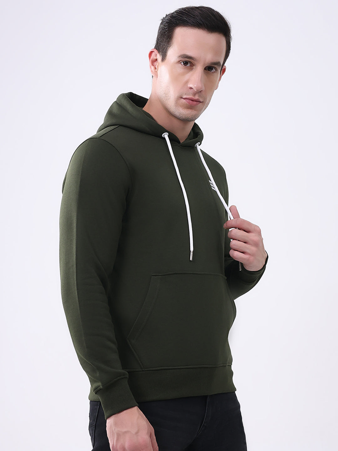 Rock.it Men Olive Solid Hooded Full Sleeve Sweatshirt