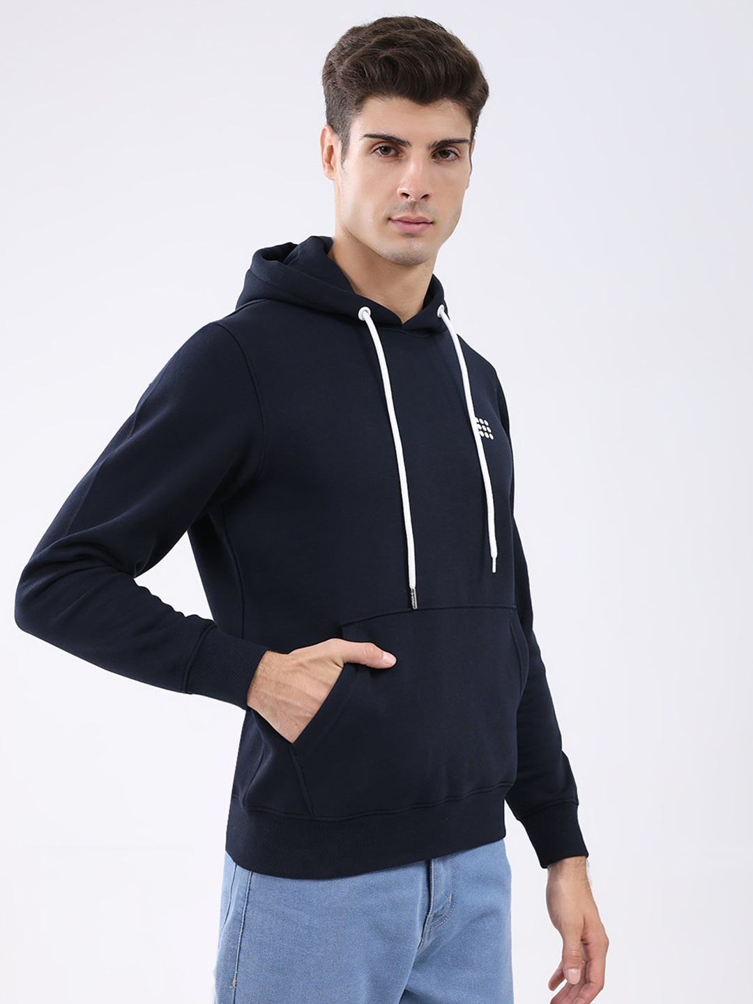 Rock.it Men Navy Blue Solid Hooded Full Sleeve Sweatshirt