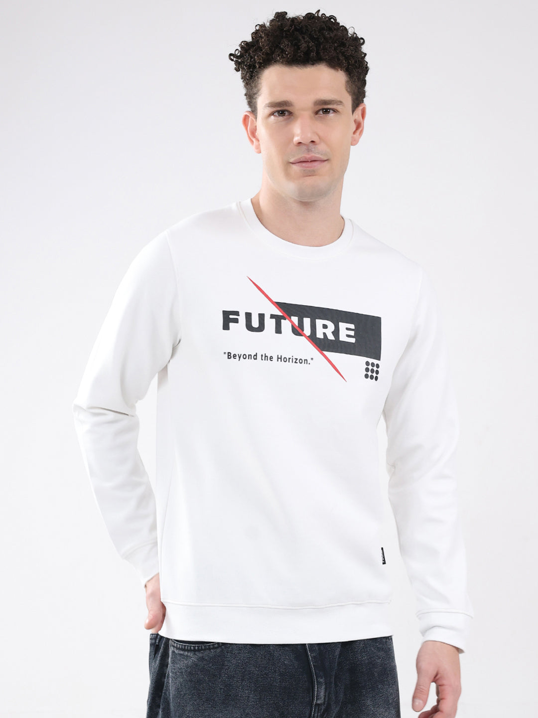 Rock.it Men White Printed Round Neck Full Sleeve Sweatshirt