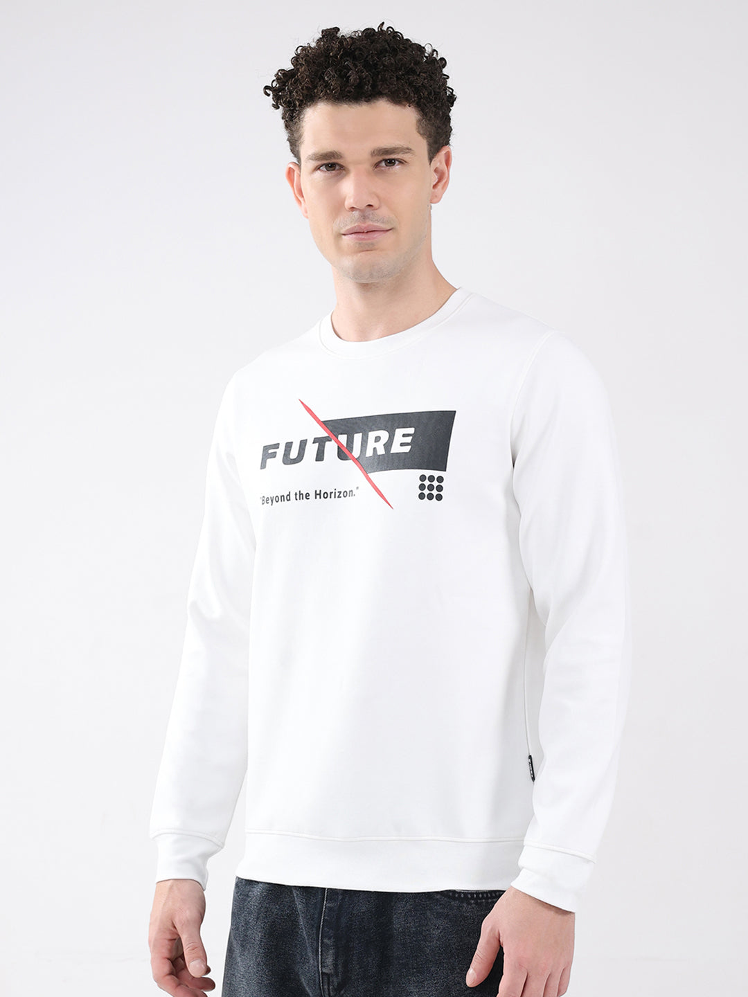 Rock.it Men White Printed Round Neck Full Sleeve Sweatshirt