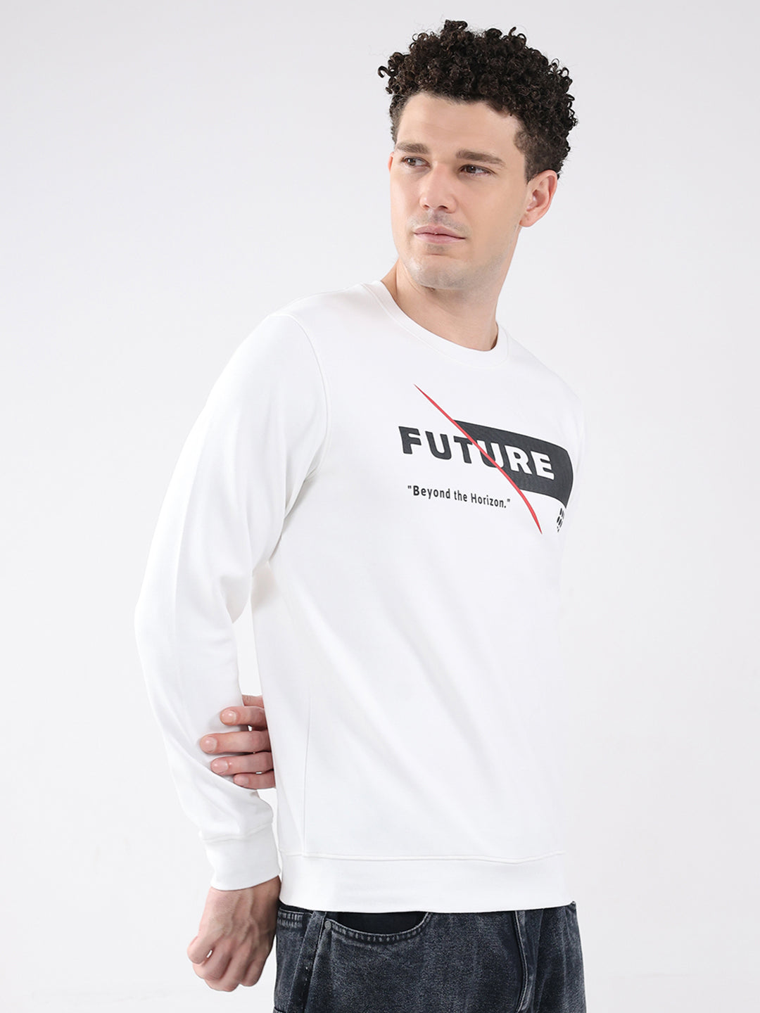 Rock.it Men White Printed Round Neck Full Sleeve Sweatshirt