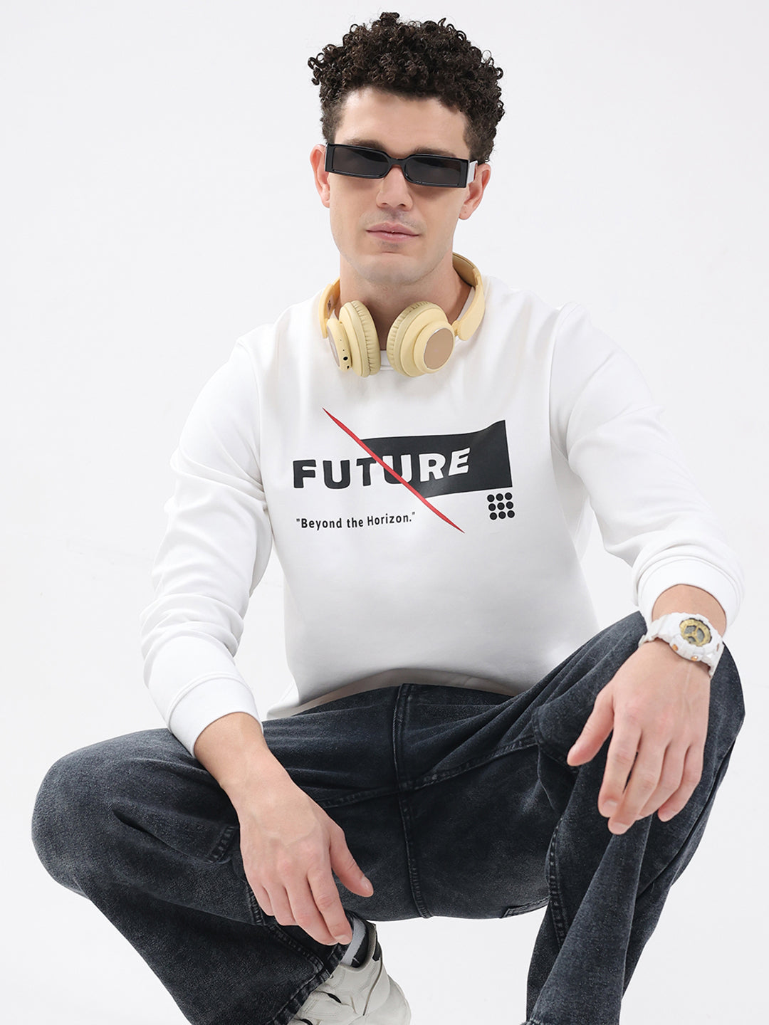 Rock.it Men White Printed Round Neck Full Sleeve Sweatshirt