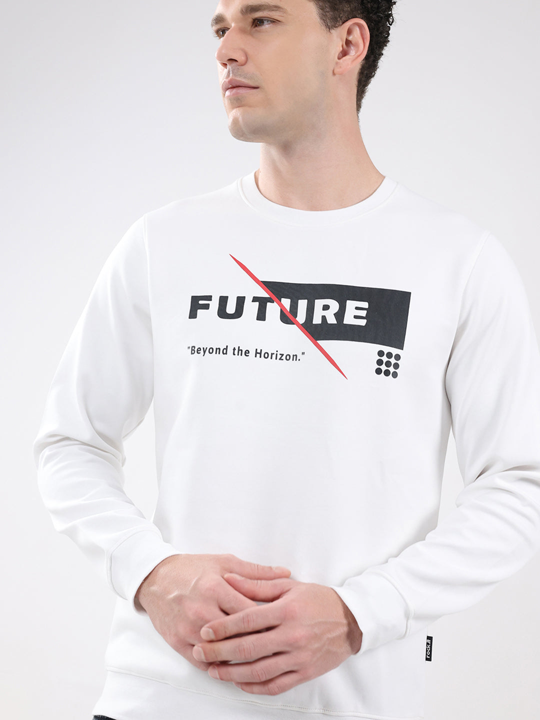 Rock.it Men White Printed Round Neck Full Sleeve Sweatshirt