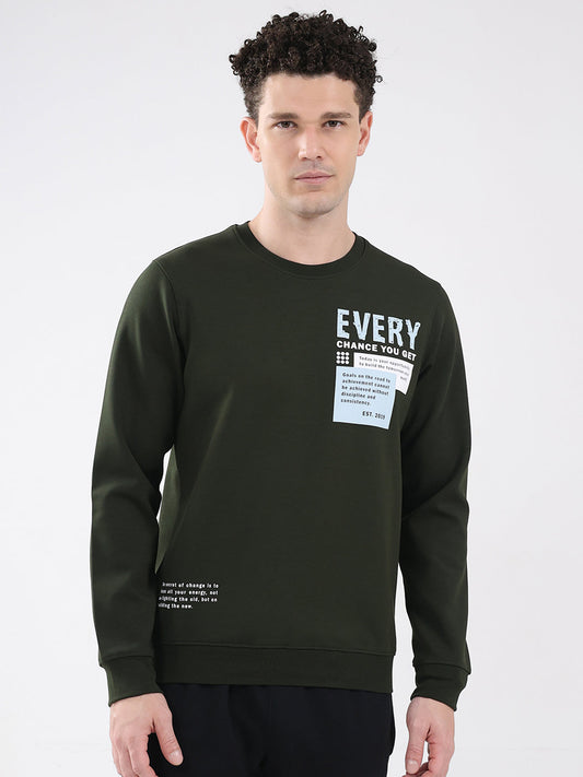 Rock.it Men Olive Printed Round Neck Full Sleeve Sweatshirt