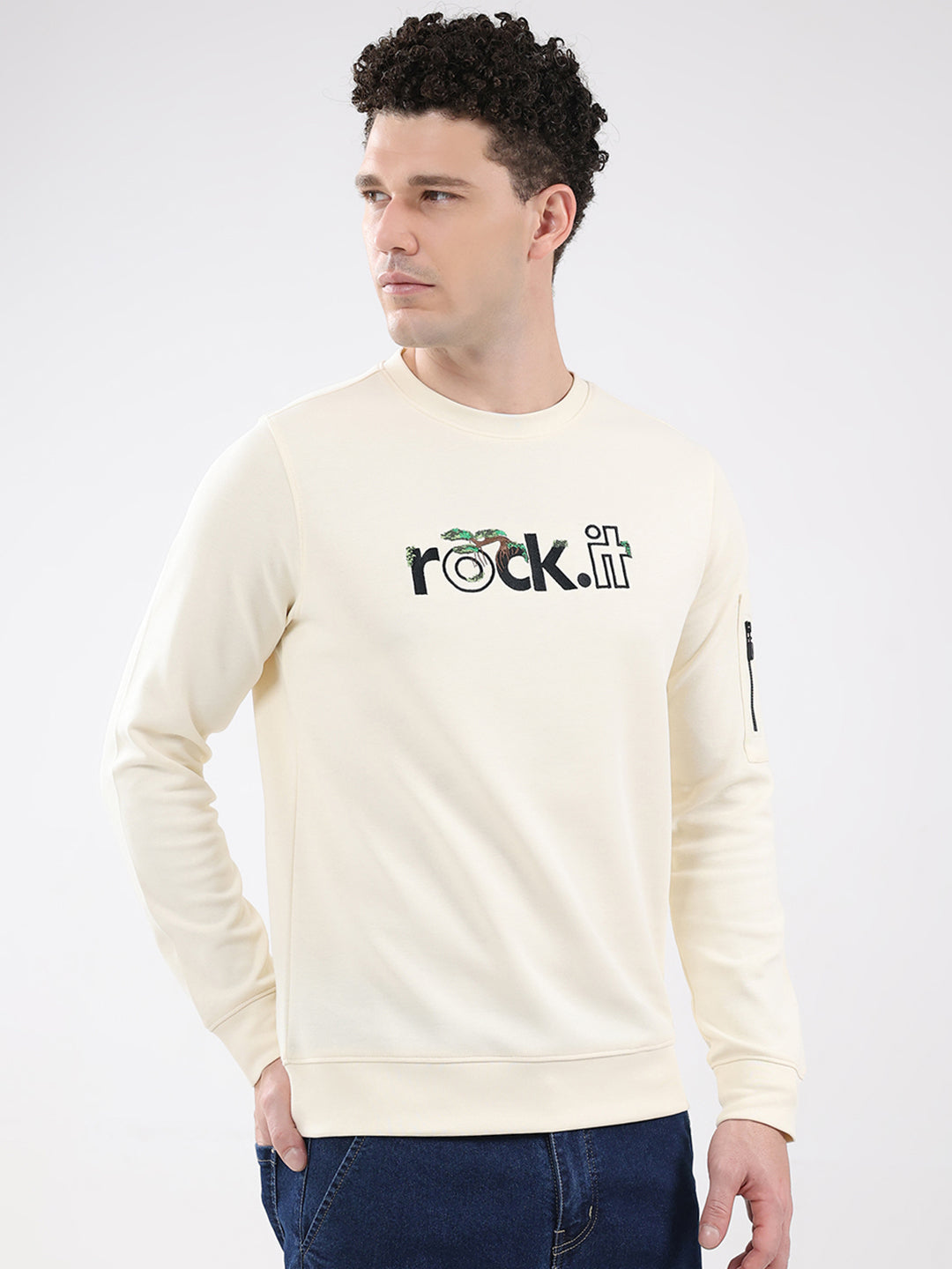 Rock.it Men Cream Embroidered Round Neck Full Sleeve Sweatshirt
