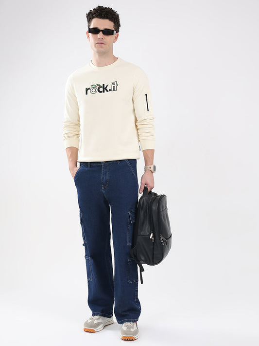 Rock.it Men Cream Embroidered Round Neck Full Sleeve Sweatshirt