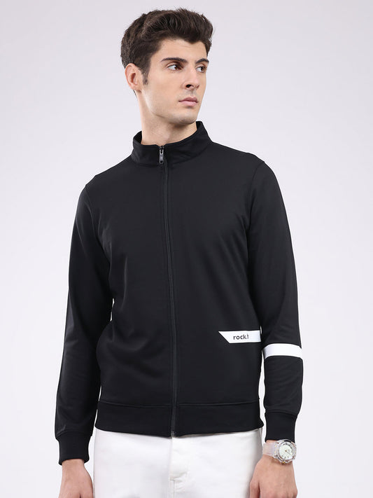 Rock.it Men Black Solid Mock Neck Full Sleeve Sweatshirt
