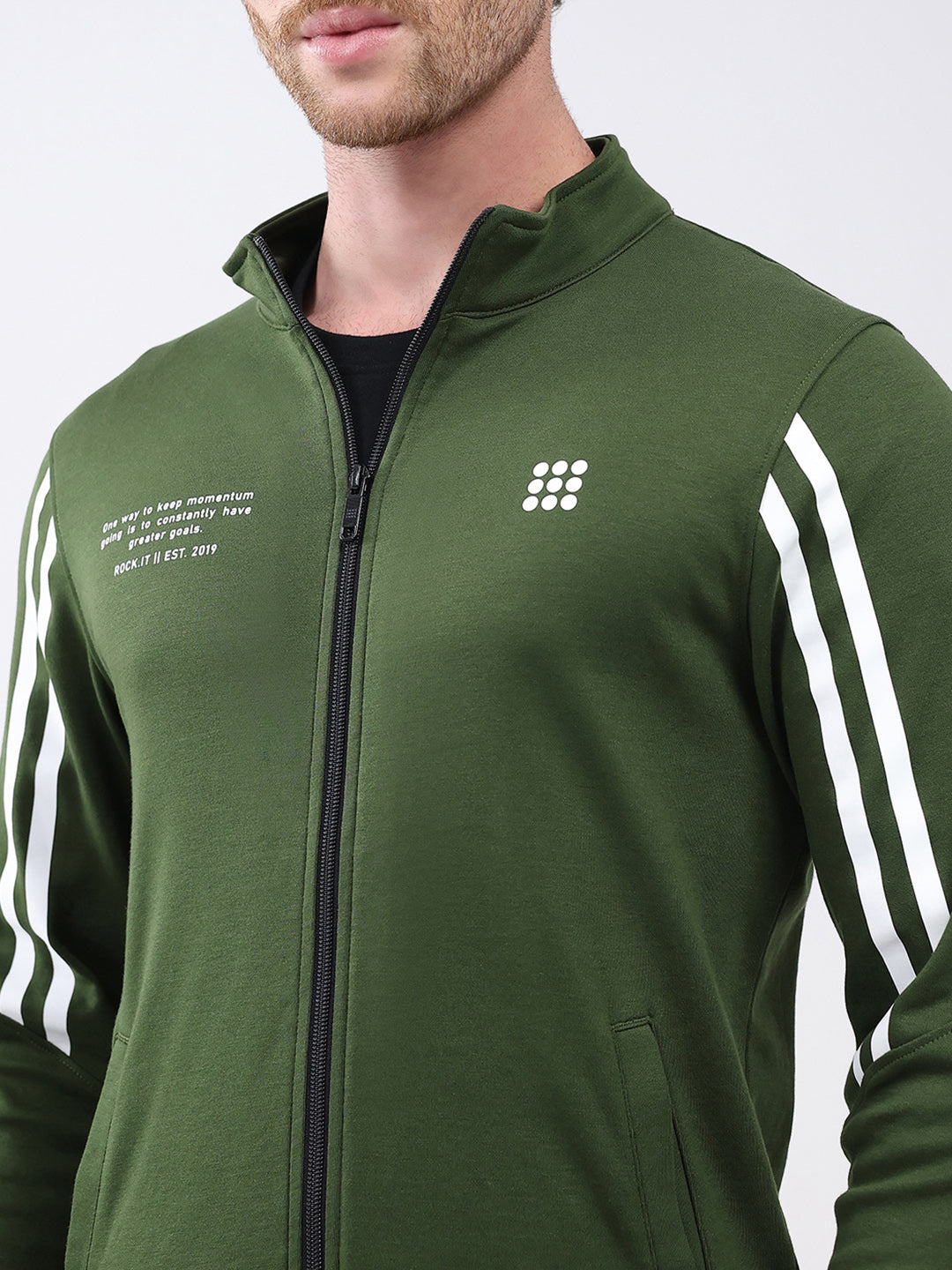 Rock.it Men Green Printed Mock Neck Full Sleeve Sweatshirt