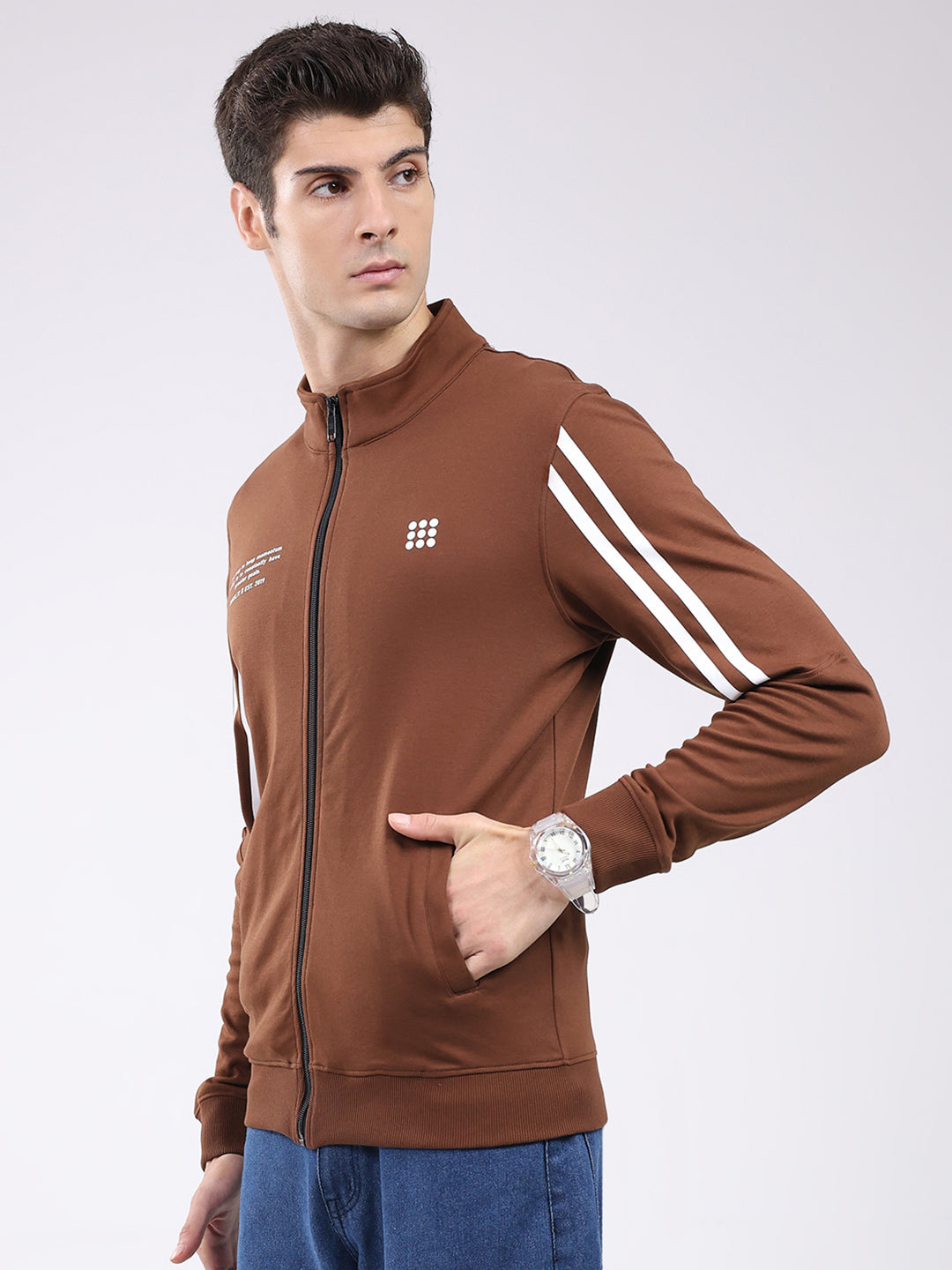 Rock.it Men Brown Printed Mock Neck Full Sleeve Sweatshirt