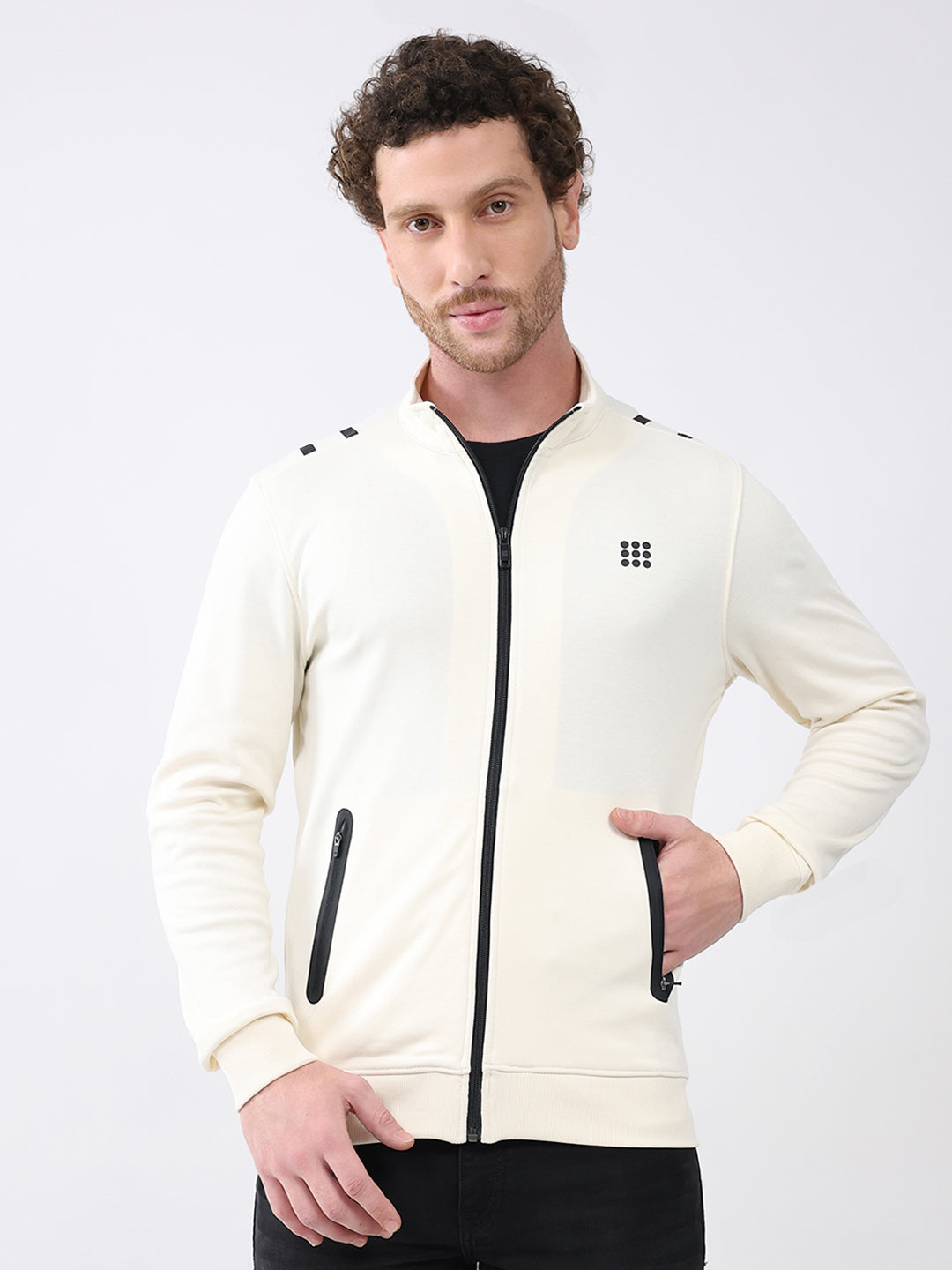 Rock.it Men White Printed Mock Neck Full Sleeve Sweatshirt