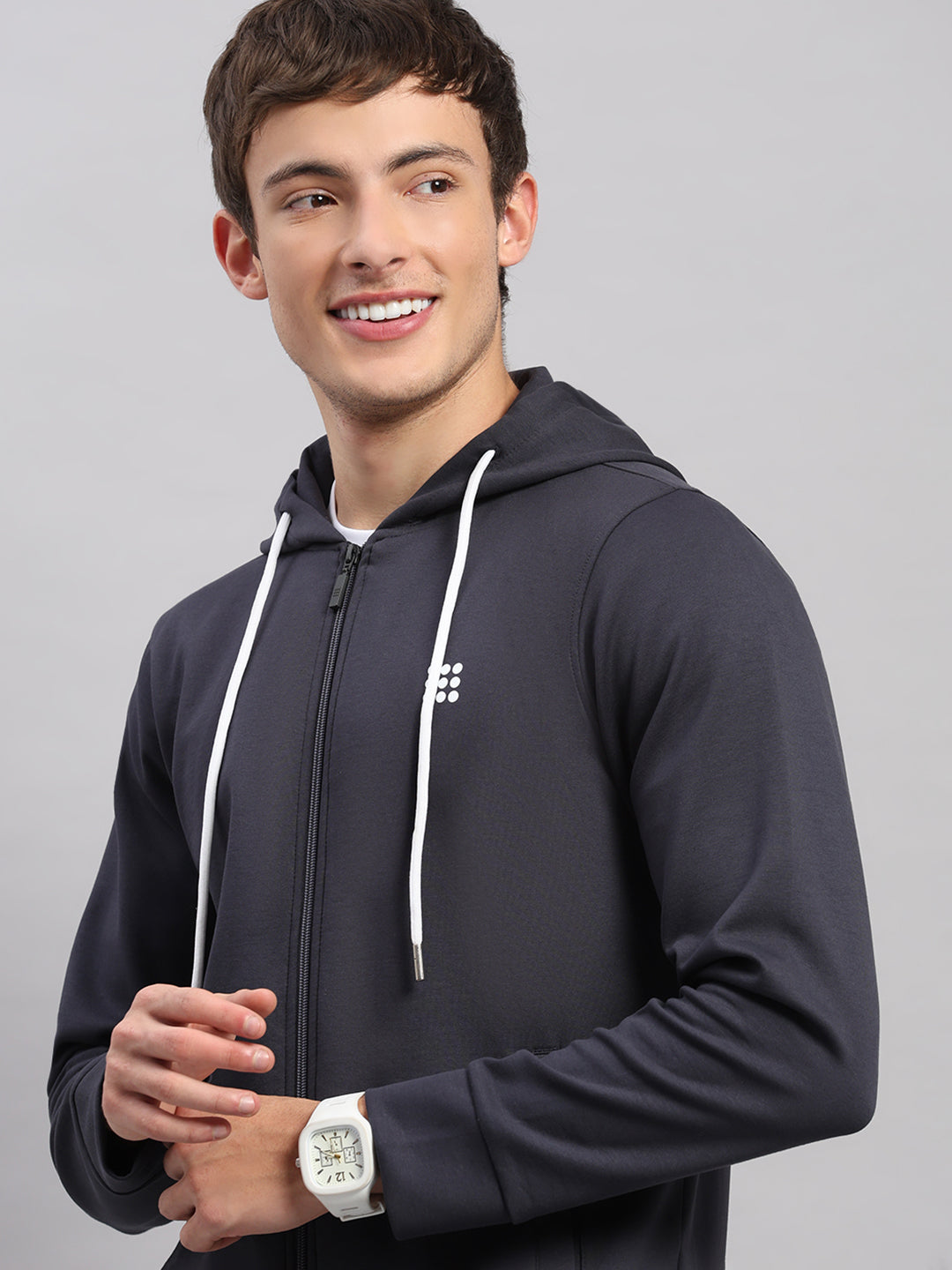 Rock.it Men Grey Solid Hooded Full Sleeve Sweatshirt