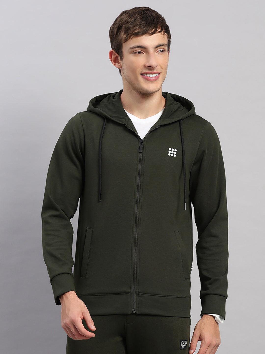 Rock.it Men Olive Solid Hooded Full Sleeve Sweatshirt
