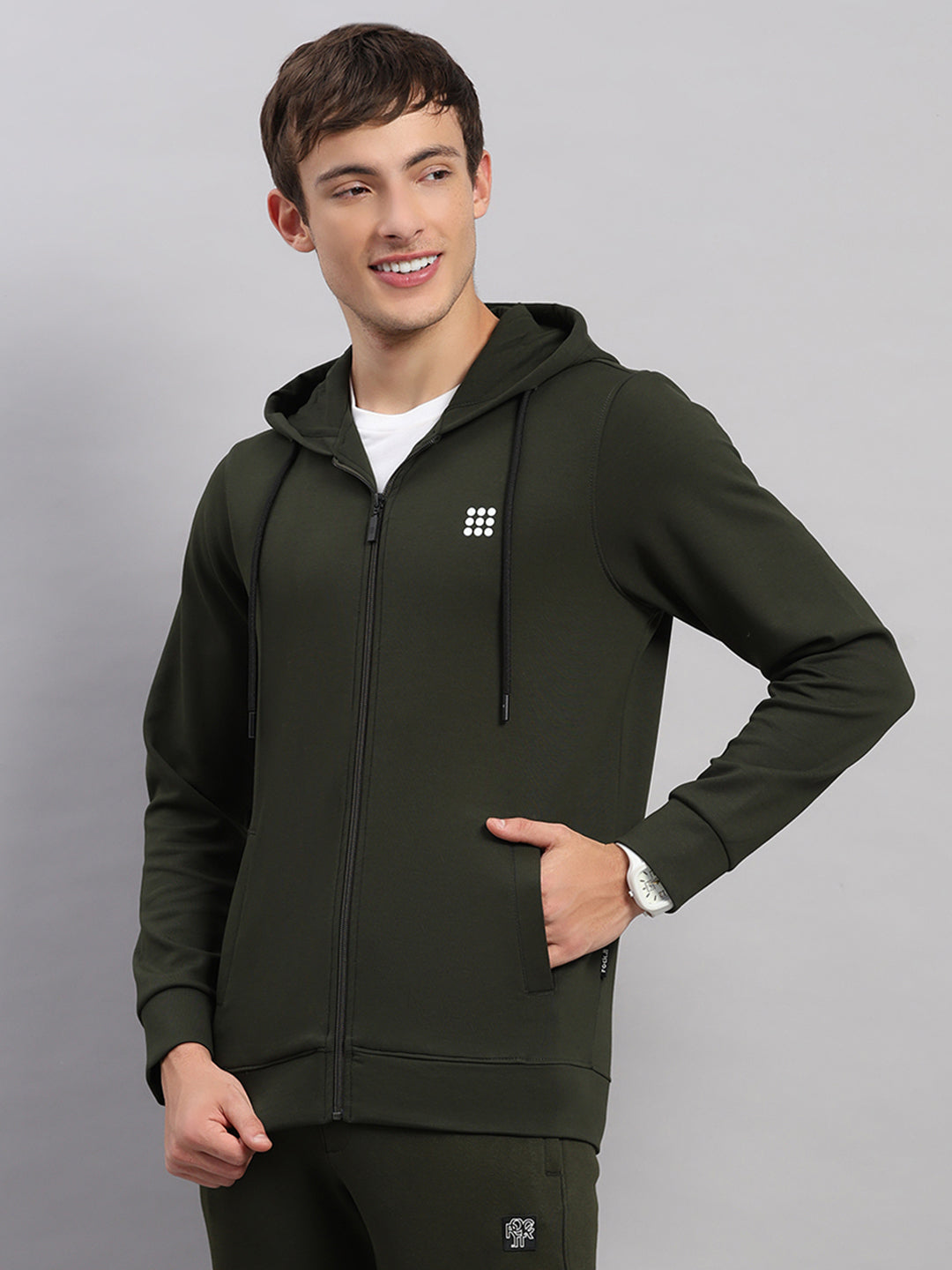 Rock.it Men Olive Solid Hooded Full Sleeve Sweatshirt