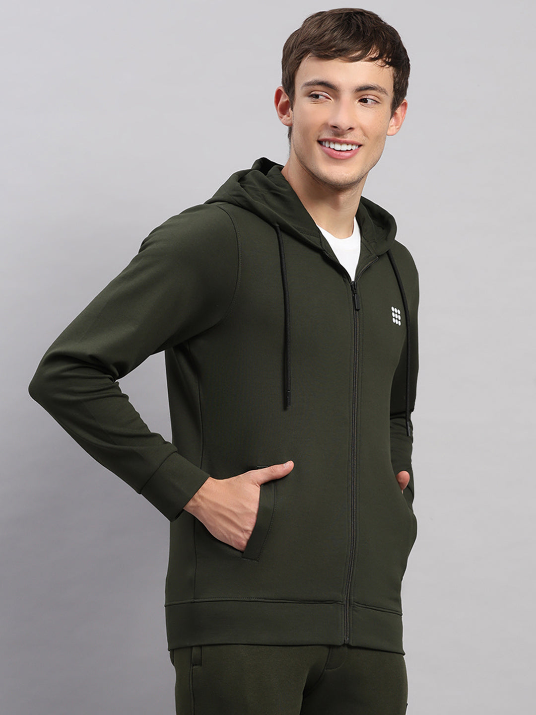 Rock.it Men Olive Solid Hooded Full Sleeve Sweatshirt
