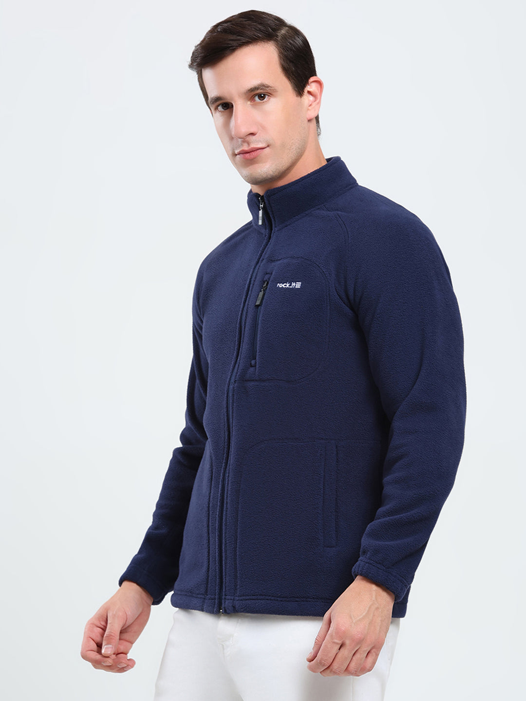 Rock.it Men Navy Blue Solid Mock Neck Full Sleeve Sweatshirt