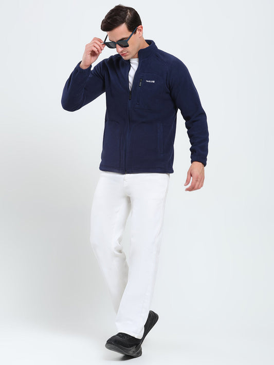 Rock.it Men Navy Blue Solid Mock Neck Full Sleeve Sweatshirt