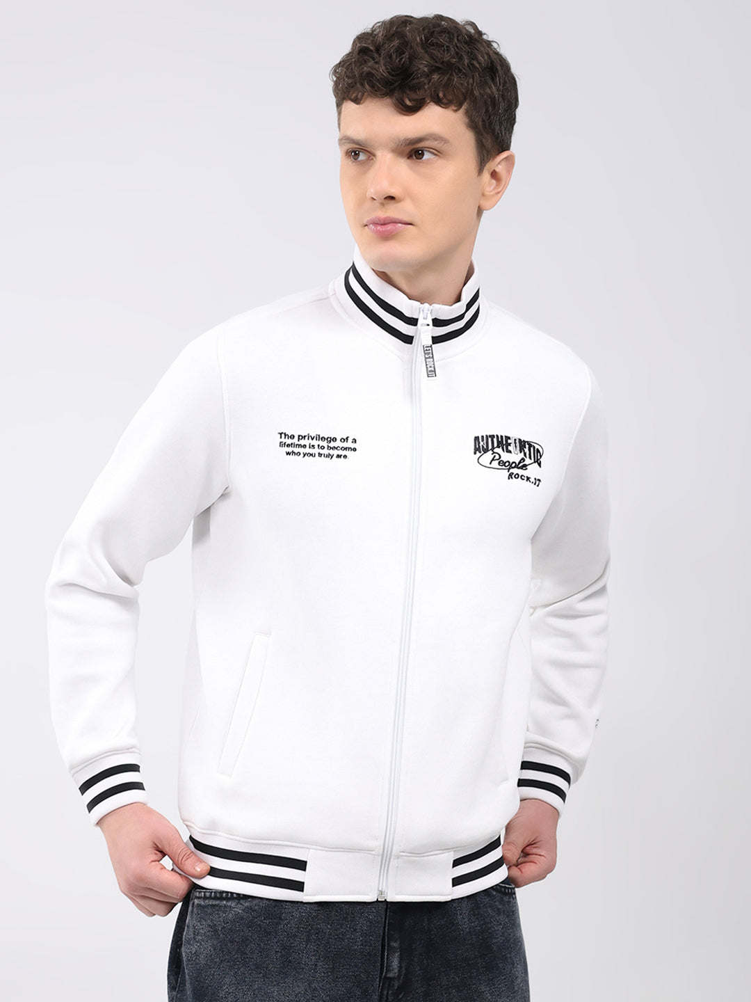Rock.it Men White Embroidered T Neck Full Sleeve Sweatshirt