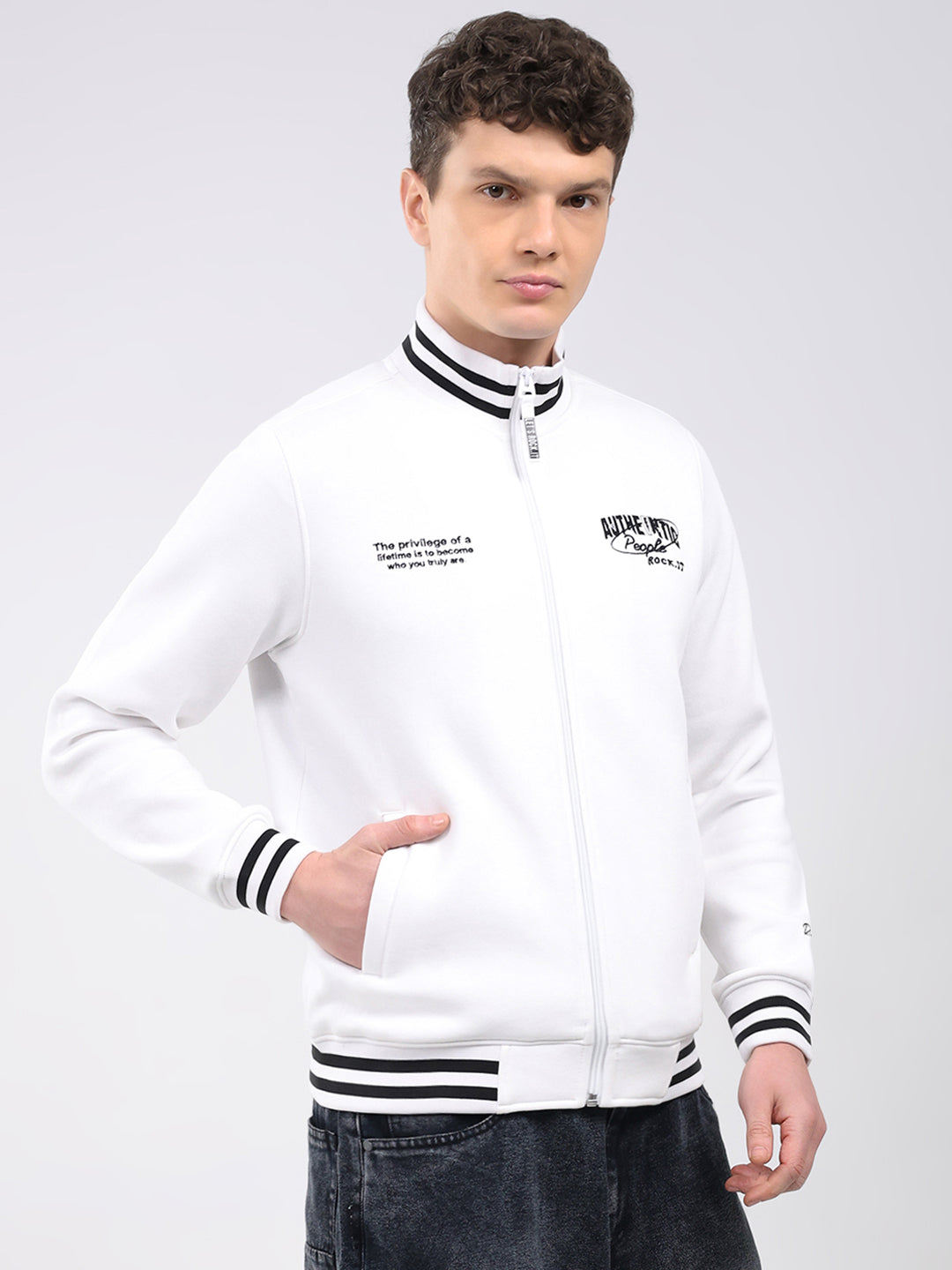 Rock.it Men White Embroidered T Neck Full Sleeve Sweatshirt