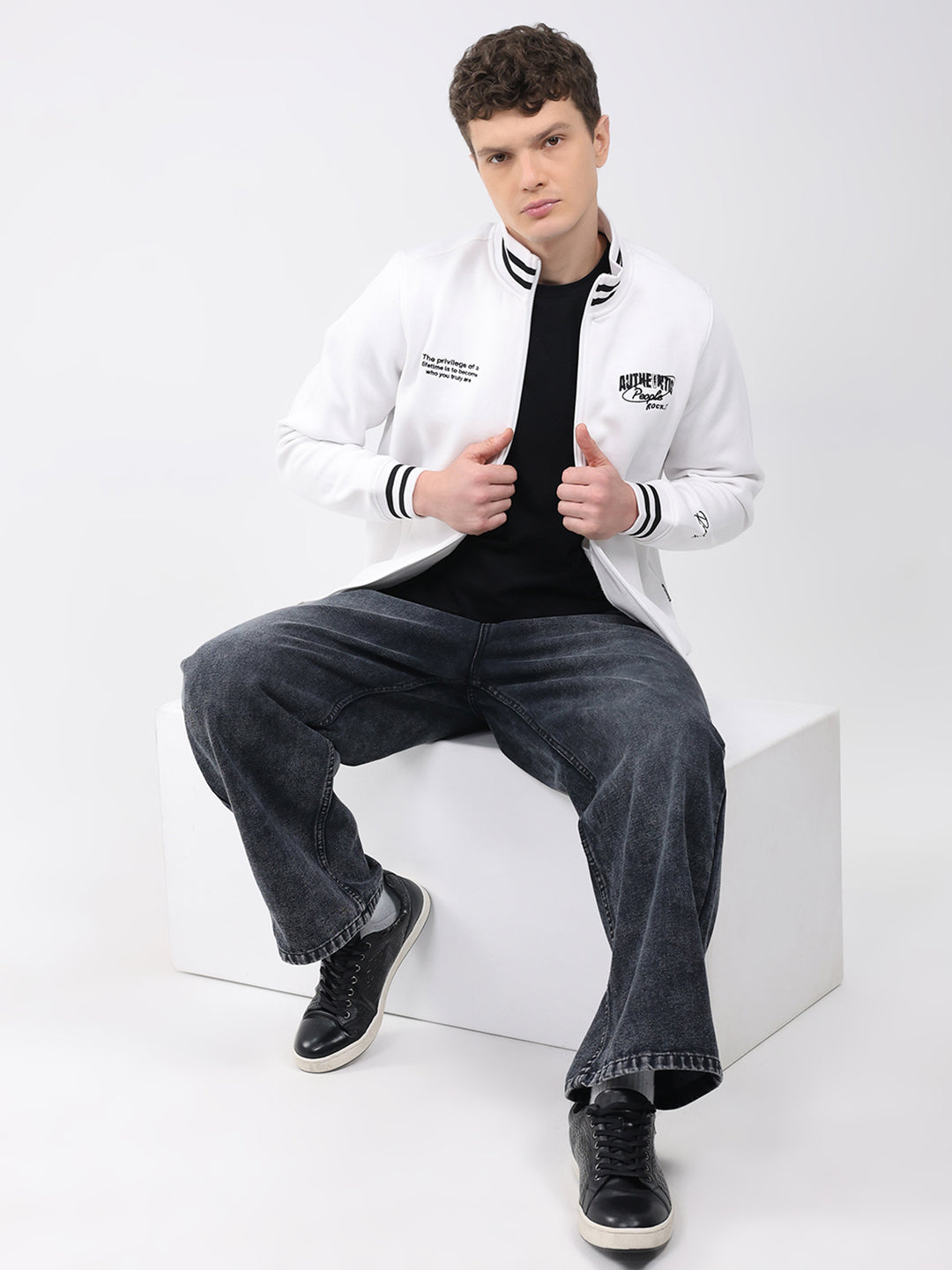 Rock.it Men White Embroidered T Neck Full Sleeve Sweatshirt