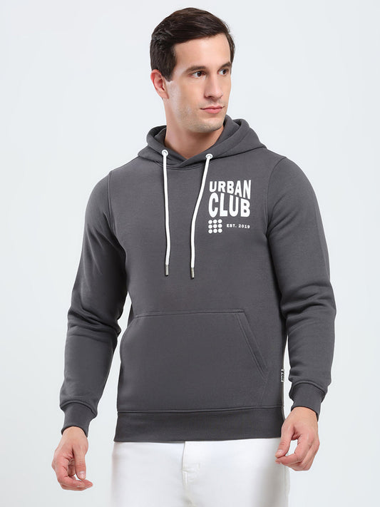 Rock.it Men Grey Printed Hooded Full Sleeve Sweatshirt