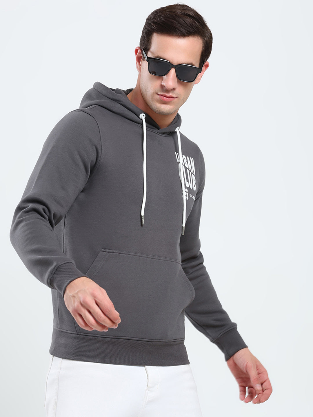 Rock.it Men Grey Printed Hooded Full Sleeve Sweatshirt