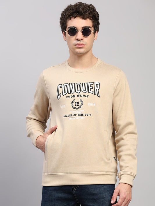 Rock.it Men Cream Embroidered Round Neck Full Sleeve Sweatshirt