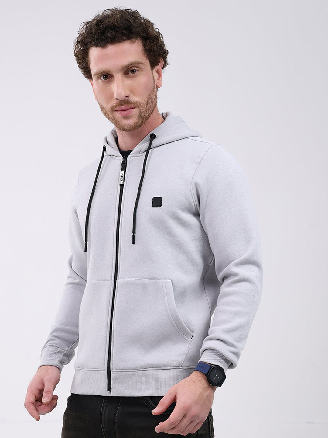 Rock.it Men Grey Solid Hooded Full Sleeve Sweatshirt