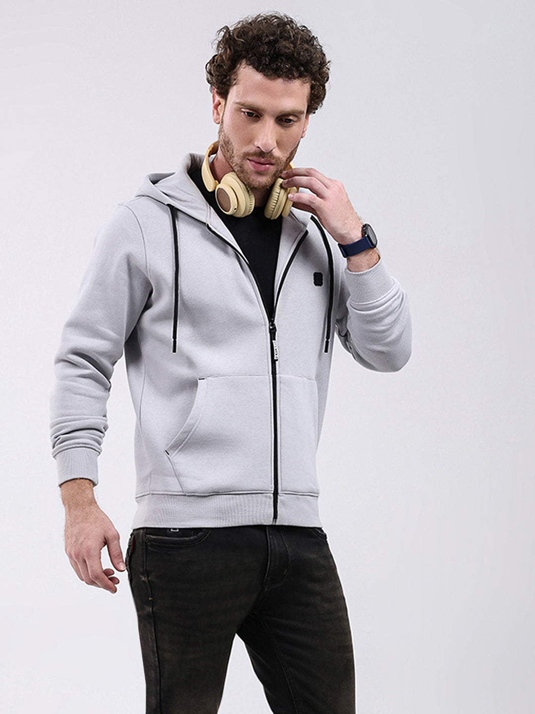 Rock.it Men Grey Solid Hooded Full Sleeve Sweatshirt