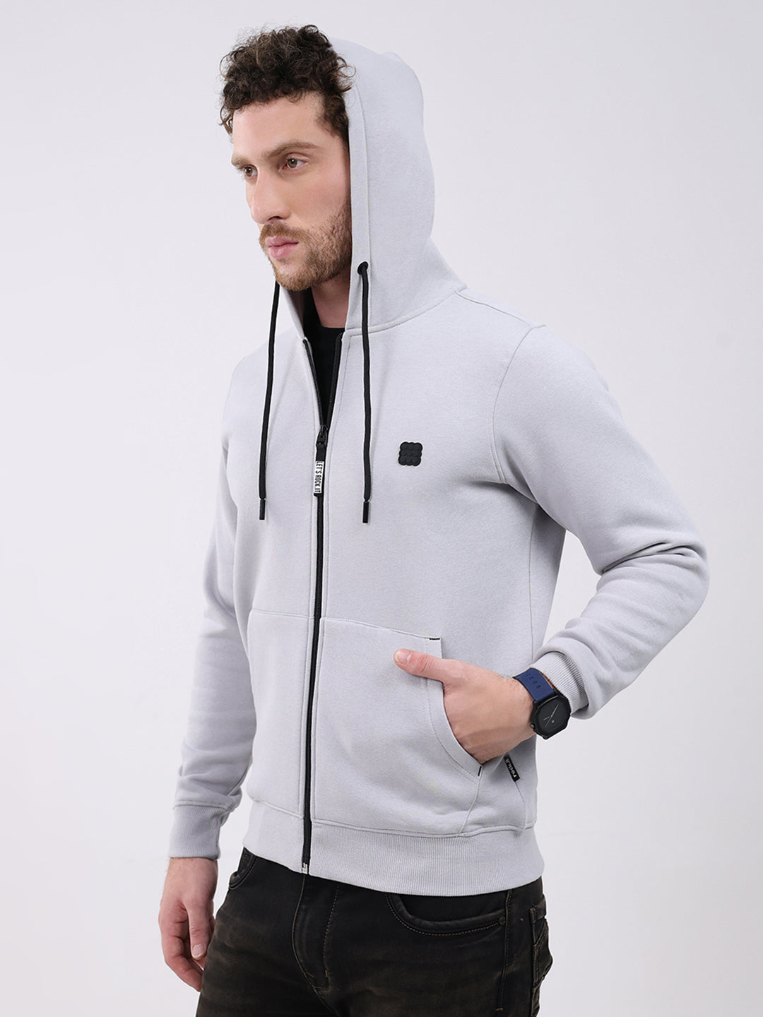 Rock.it Men Grey Solid Hooded Full Sleeve Sweatshirt