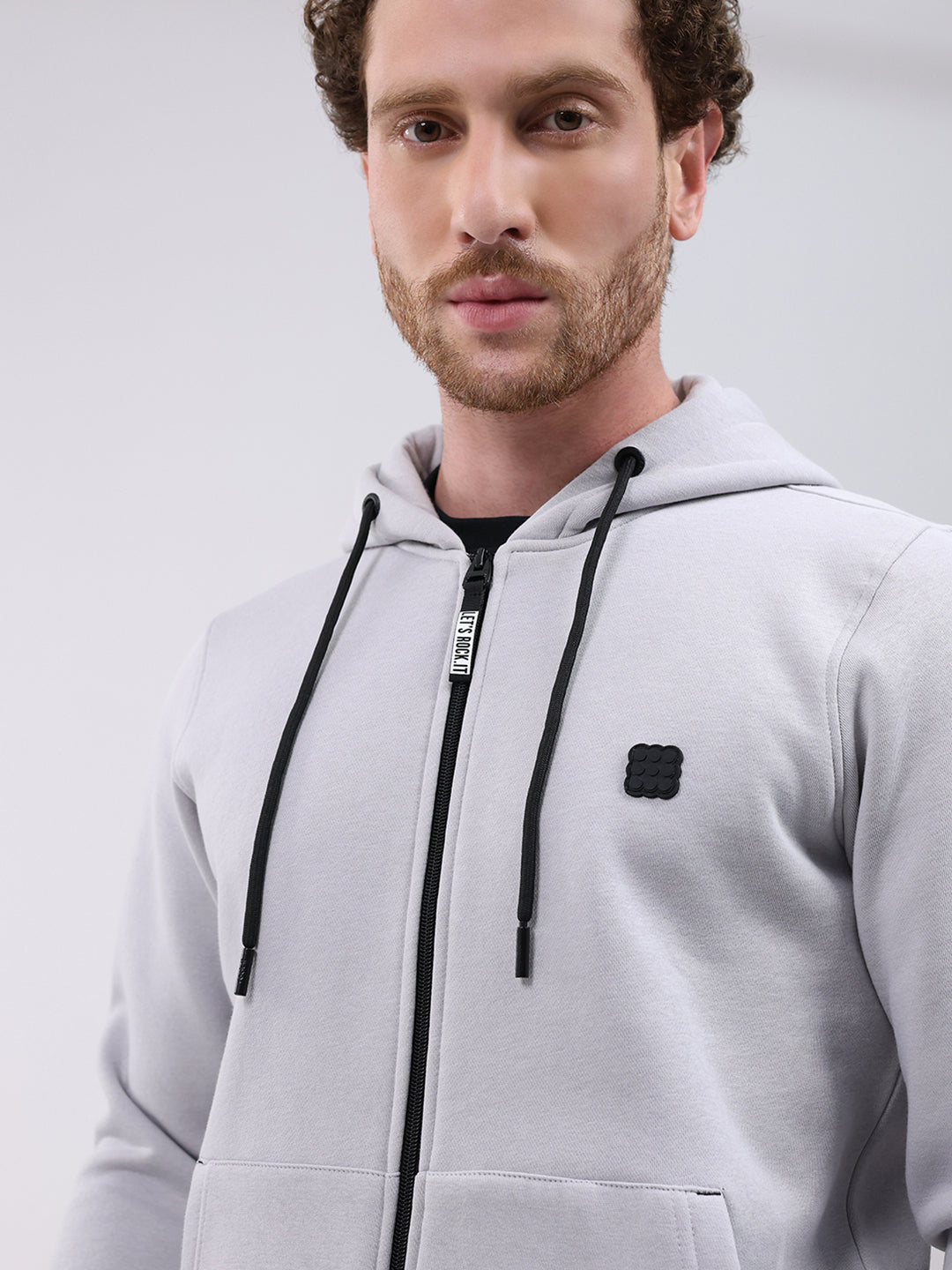 Rock.it Men Grey Solid Hooded Full Sleeve Sweatshirt