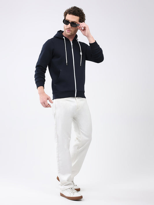 Rock.it Men Navy Blue Solid Hooded Full Sleeve Sweatshirt