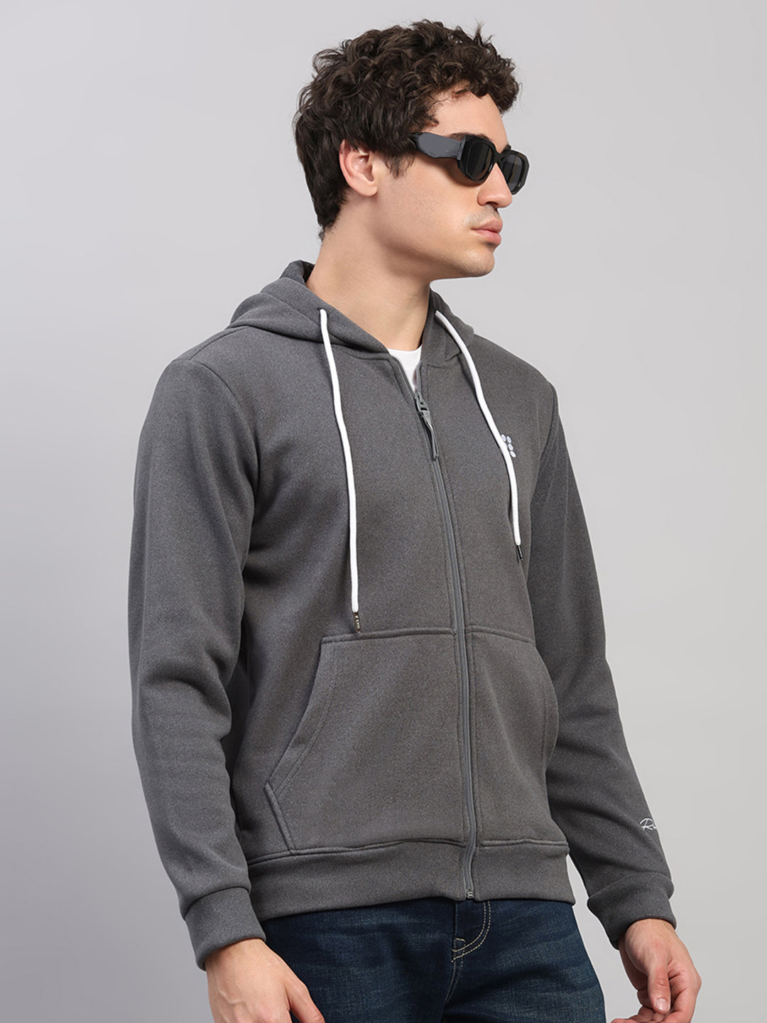 Rock.it Men Grey Solid Hooded Full Sleeve Sweatshirt