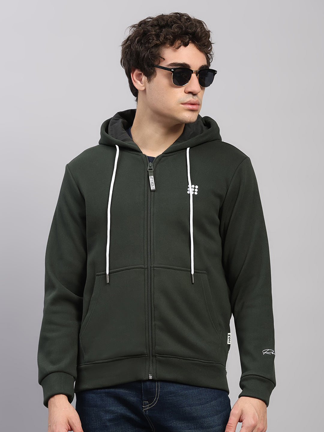 Rock.it Men Olive Solid Hooded Full Sleeve Sweatshirt