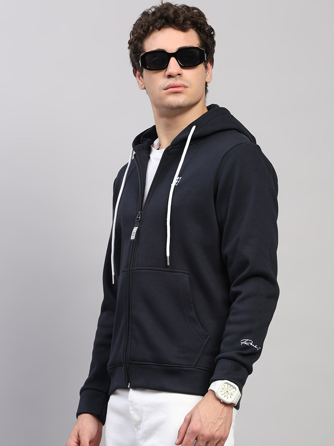 Rock.it Men Navy Blue Solid Hooded Full Sleeve Sweatshirt