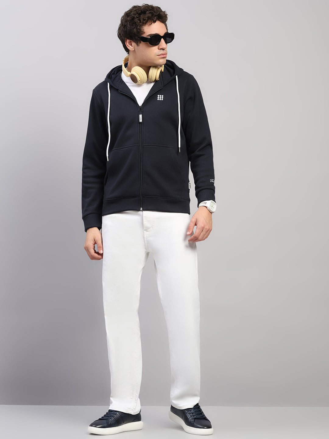 Rock.it Men Navy Blue Solid Hooded Full Sleeve Sweatshirt