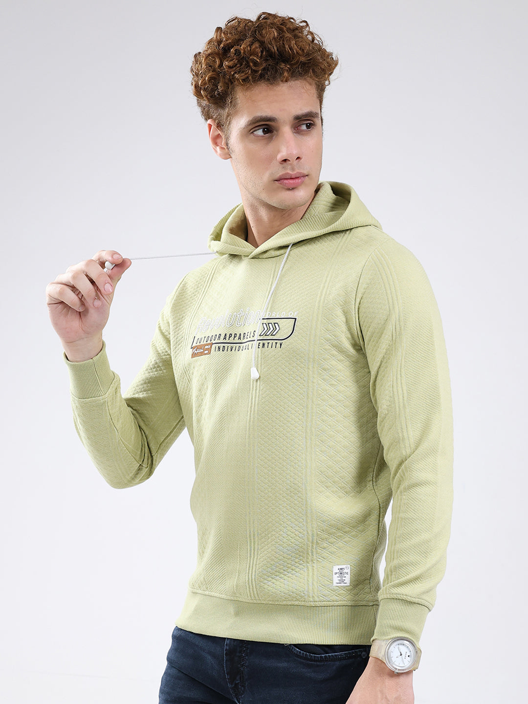 Men Green Printed Hooded Full Sleeve Sweatshirt