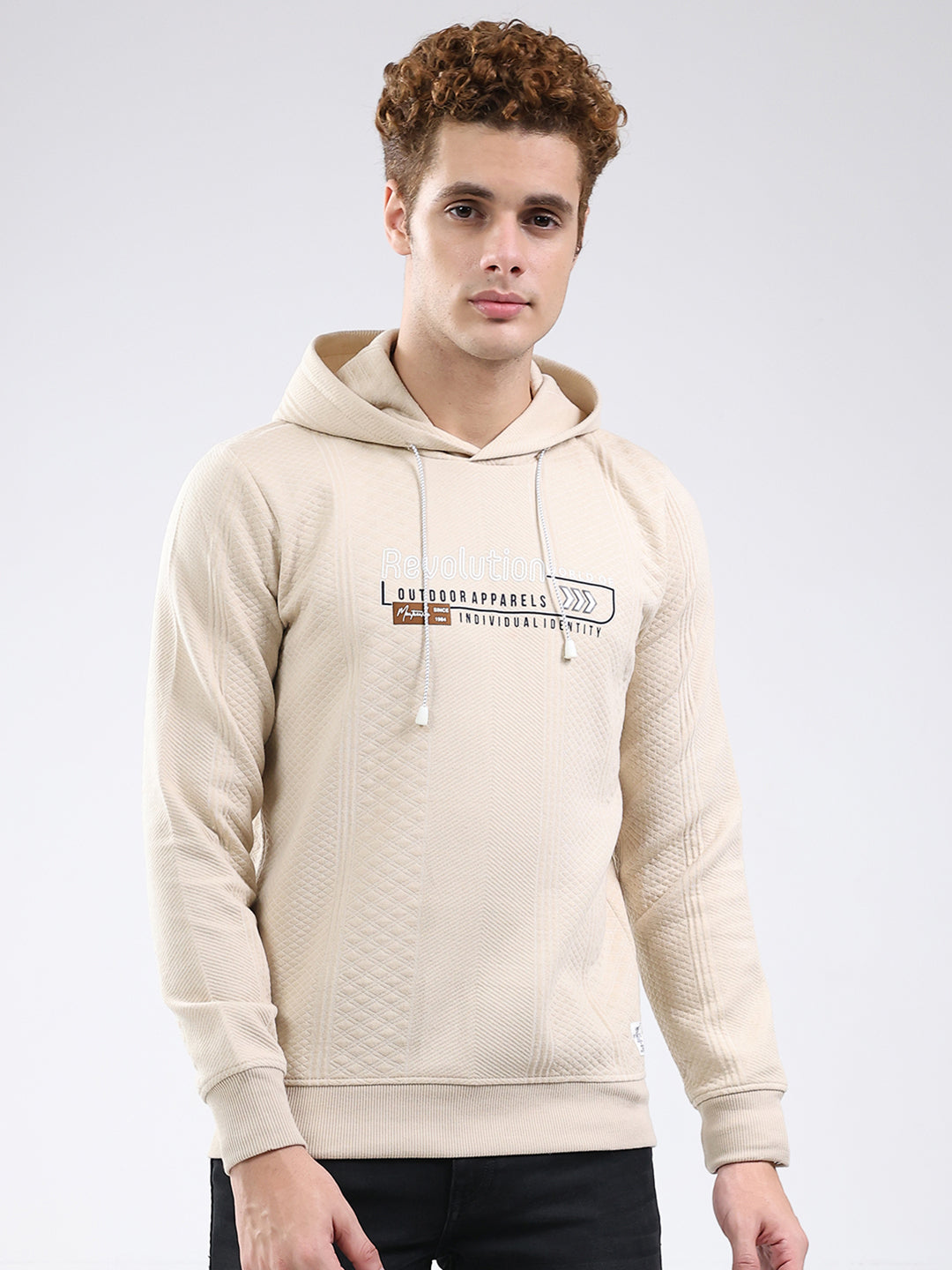 Men Beige Printed Hooded Full Sleeve Sweatshirt