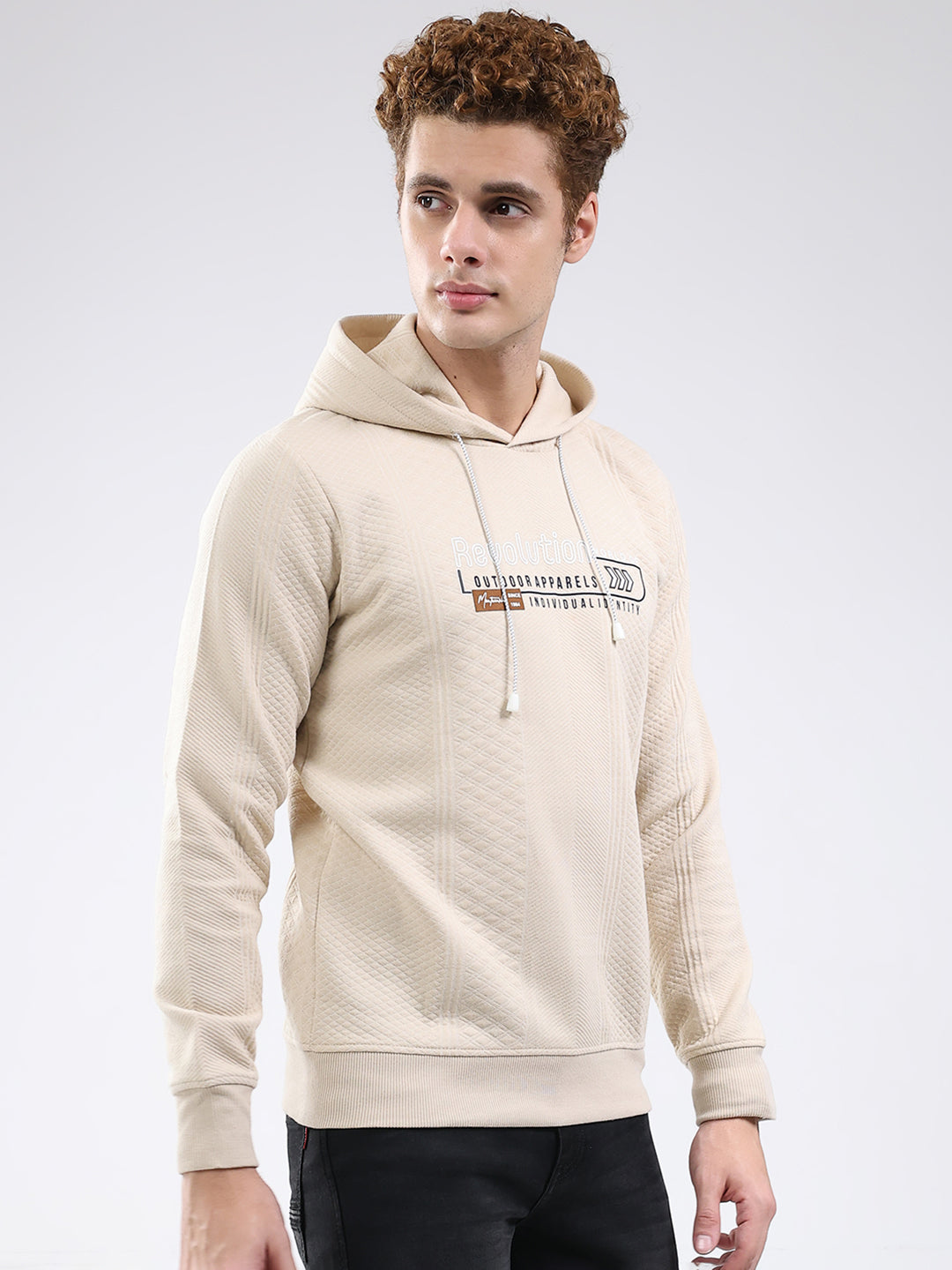 Men Beige Printed Hooded Full Sleeve Sweatshirt