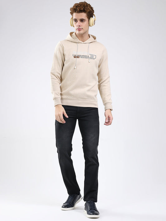 Men Beige Printed Hooded Full Sleeve Sweatshirt