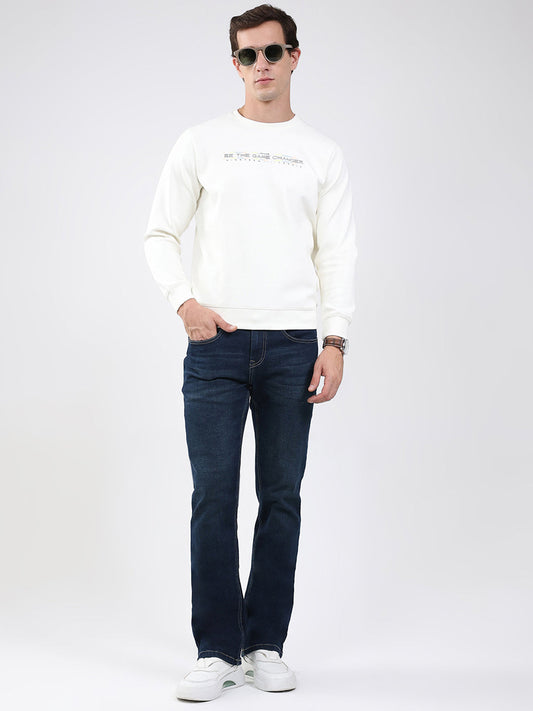 Men White Solid Round Neck Full Sleeve Sweatshirt