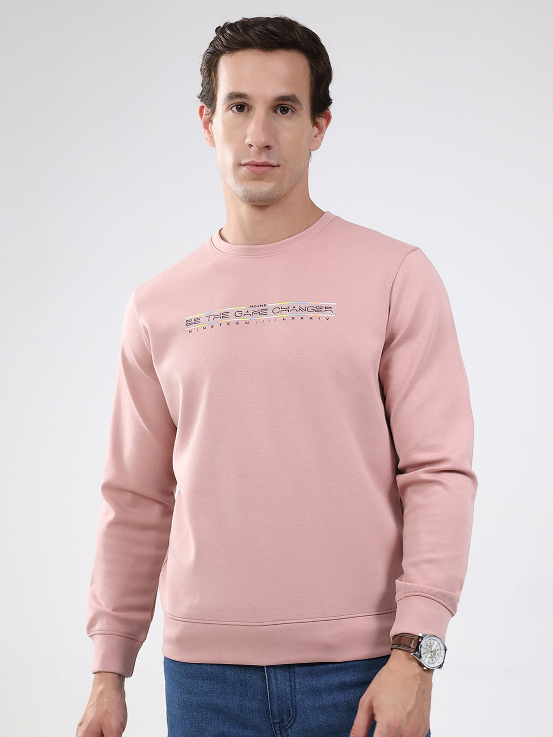 Men Peach Solid Round Neck Full Sleeve Sweatshirt