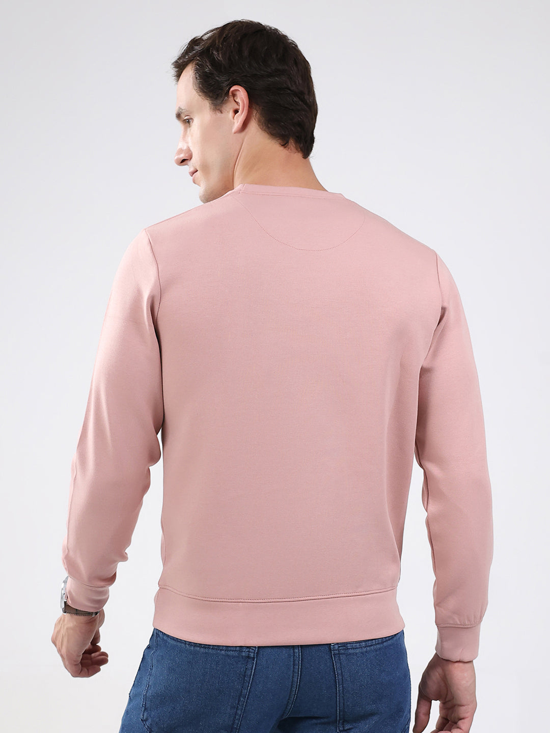 Men Peach Solid Round Neck Full Sleeve Sweatshirt