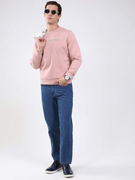 Men Peach Solid Round Neck Full Sleeve Sweatshirt
