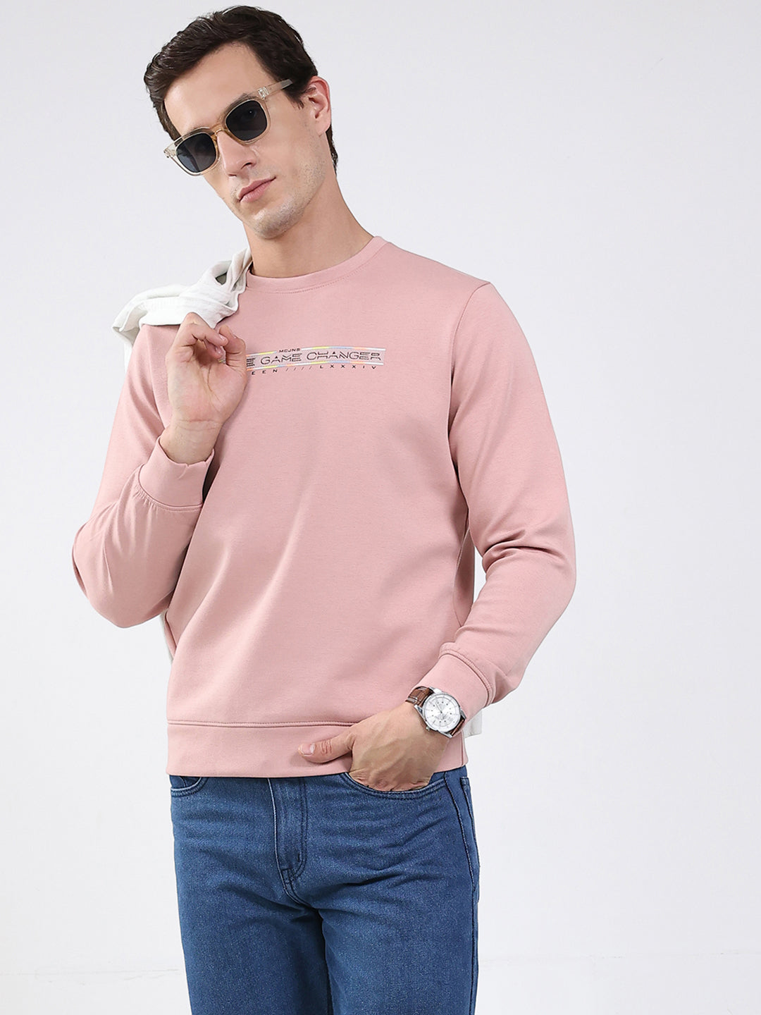 Men Peach Solid Round Neck Full Sleeve Sweatshirt
