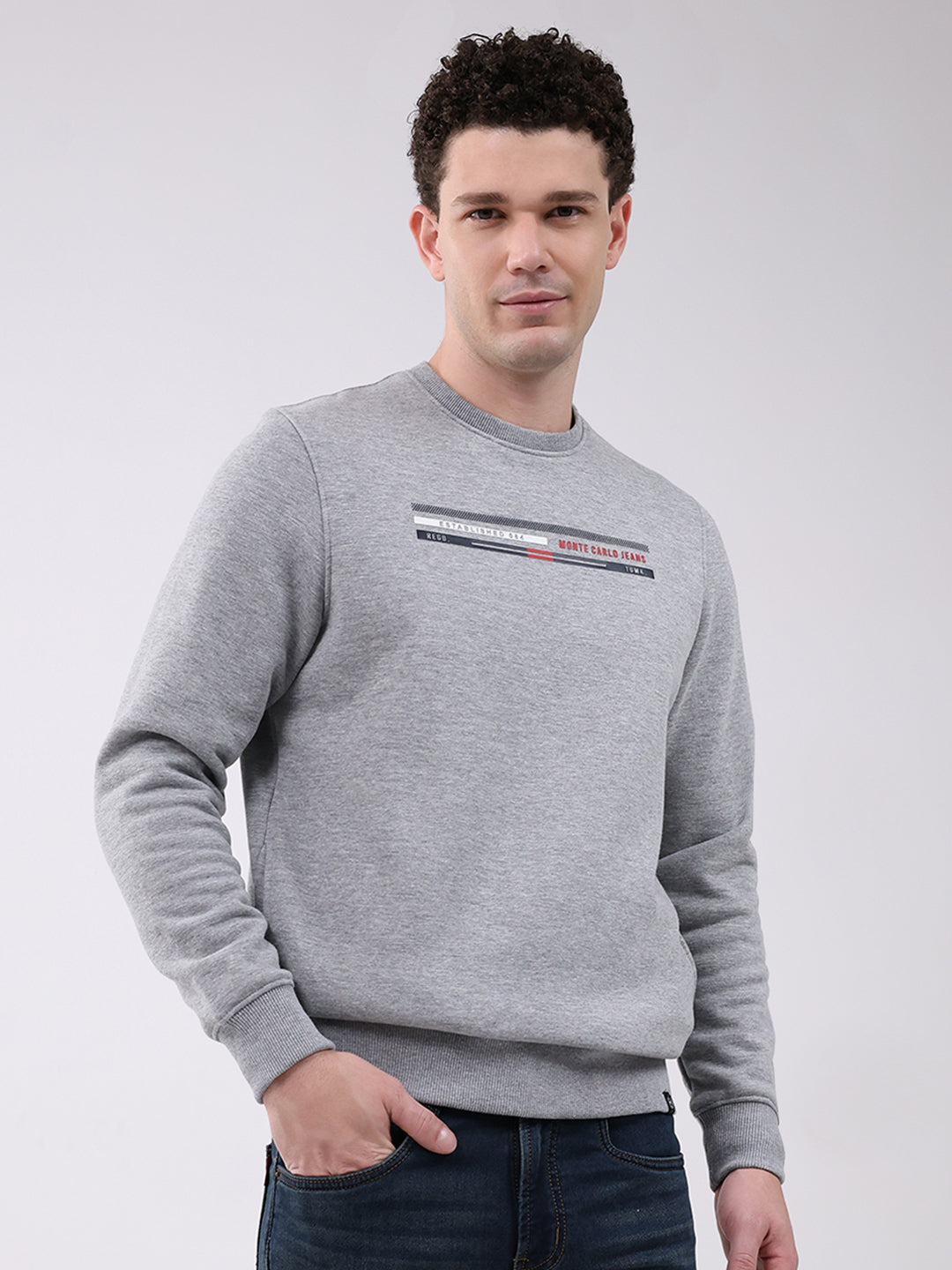 Men Grey Printed Round Neck Full Sleeve Sweatshirt