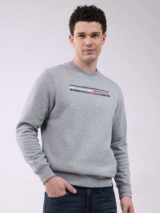 Men Grey Printed Round Neck Full Sleeve Sweatshirt