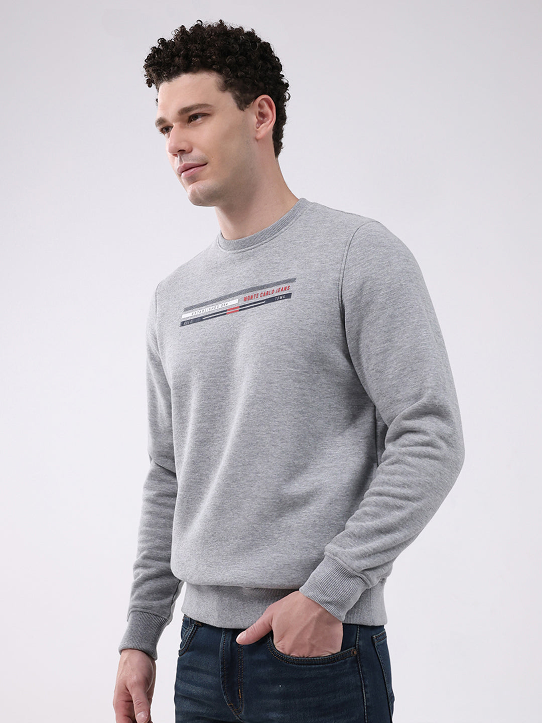Men Grey Printed Round Neck Full Sleeve Sweatshirt